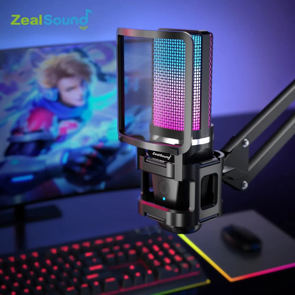 Microfono condensador USB RGB brazo articulado podcast streaming gaming