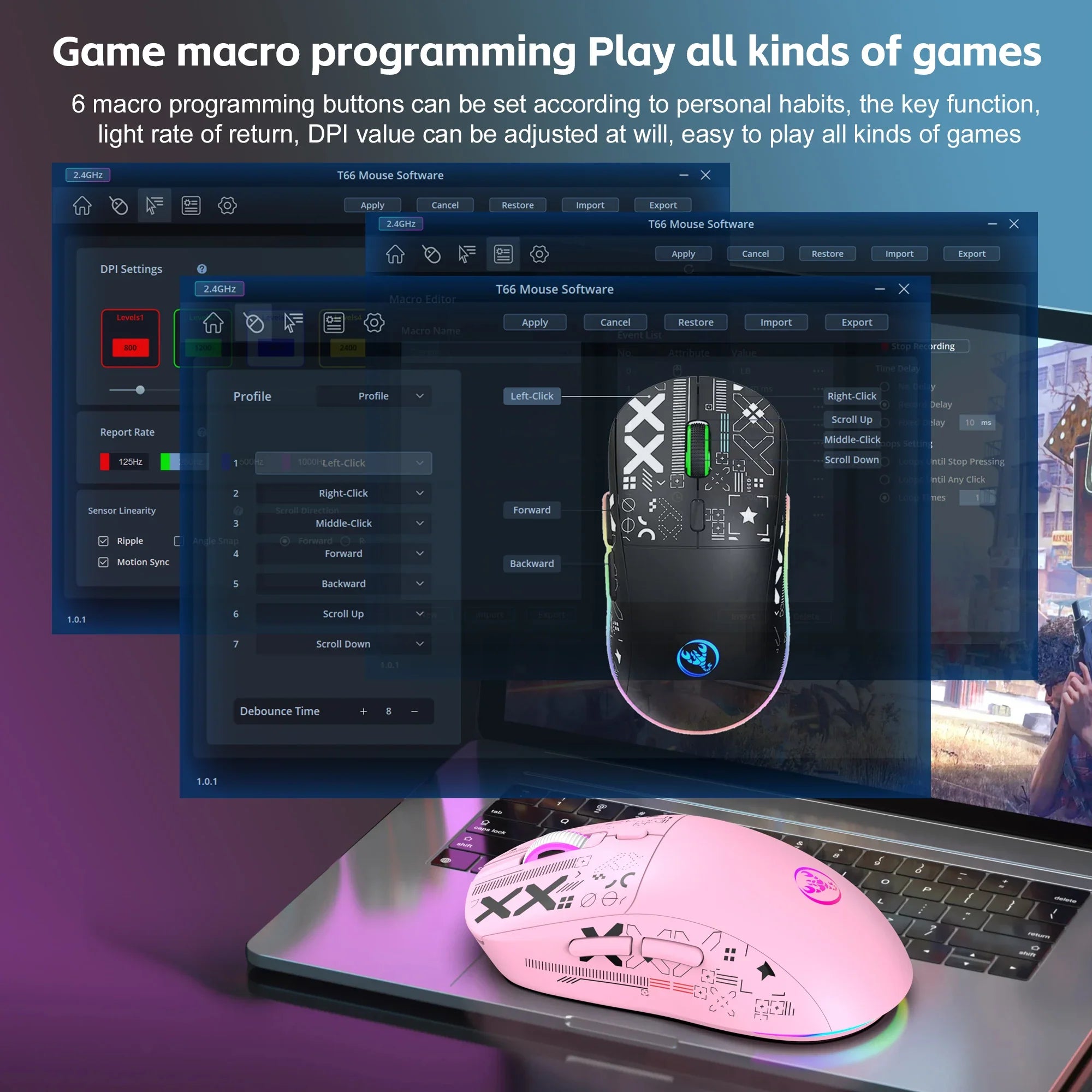 Mouse gaming RGB inalambrico 3 modos macro angulo 2